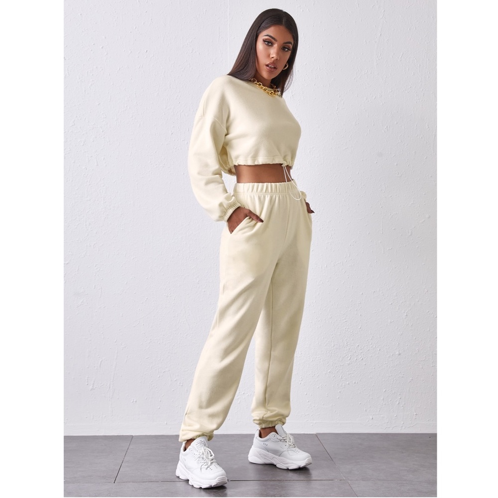 2 Piece Set Beige Crop Sweatshirt and Jogger Pants - Picture 4 of 6